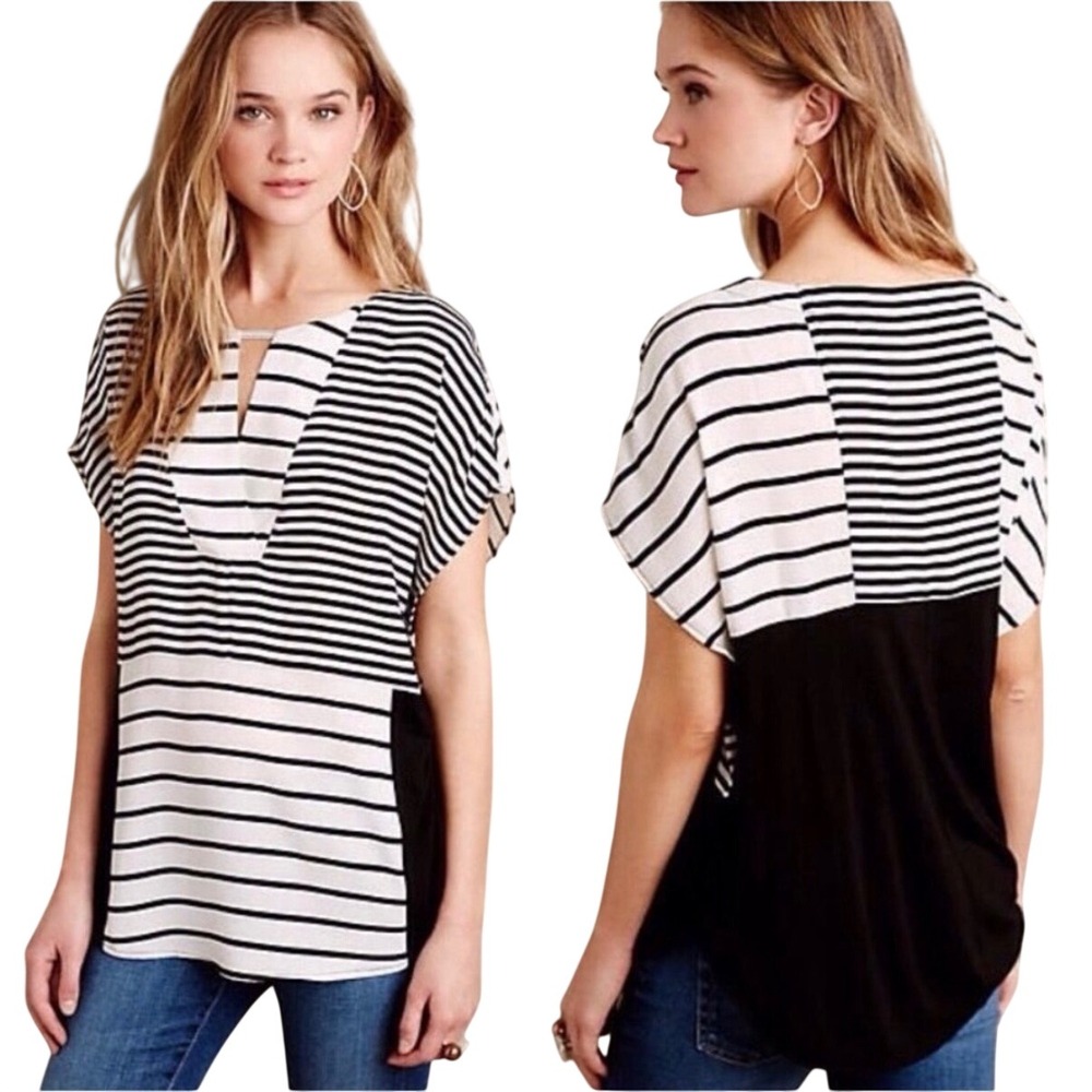 Anthropologie One September Madrigal Blouse Black & White Stripe Color‎ Block XS